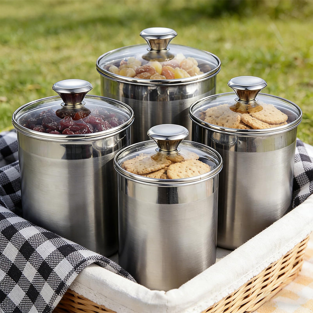Stainless Steel Food Canister Set 4-Piece, Airtight Kitchen Storage Containers with Lids, Metal Canisters for Flour