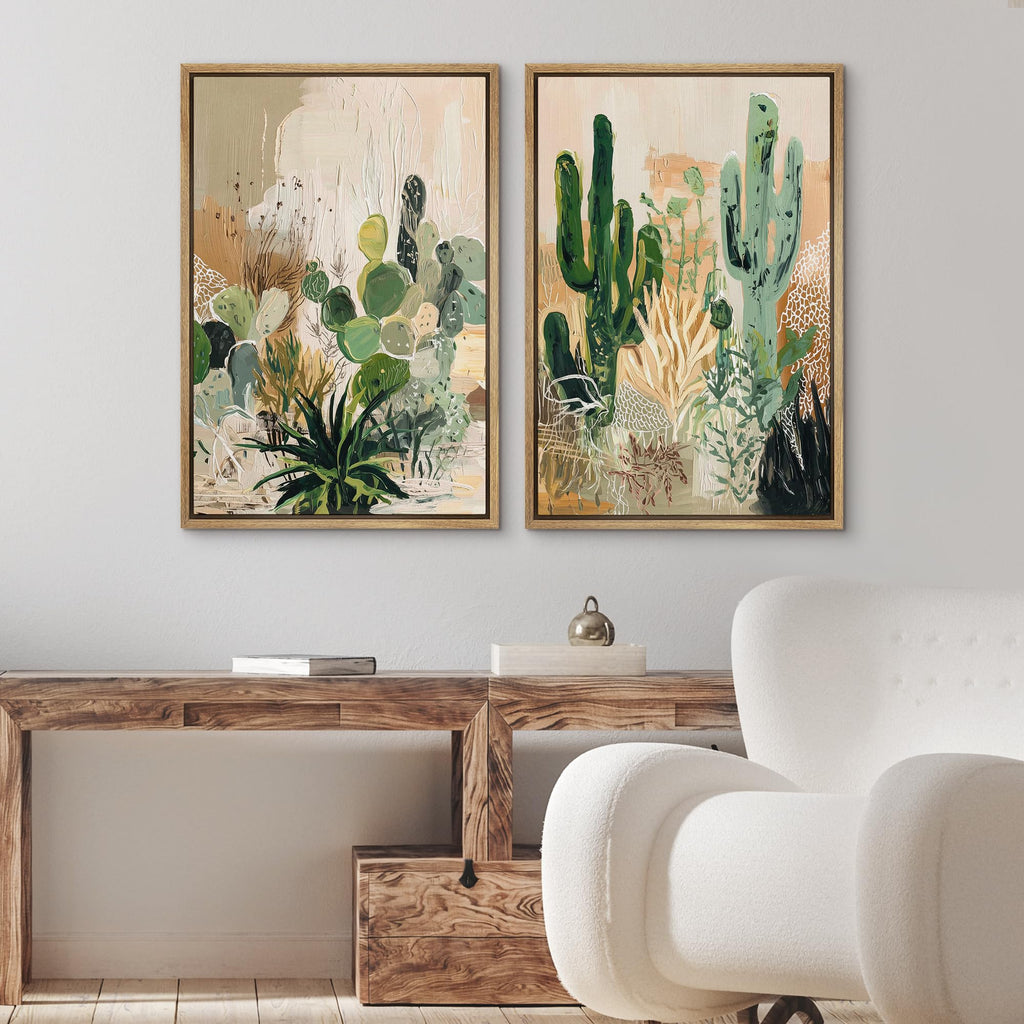 Framed Canvas Print Wall Art Set Modern Desert Cactus Botanical Abstract Illustrations Modern Art Decorative