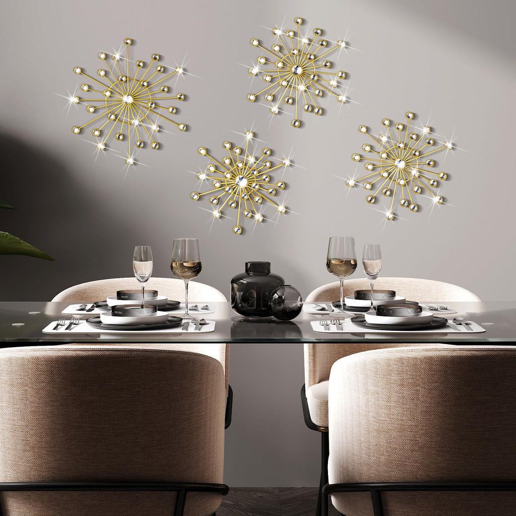 4 Pcs Gold Wall Decor Starburst Metal Wall Art with 3D Rhinestone