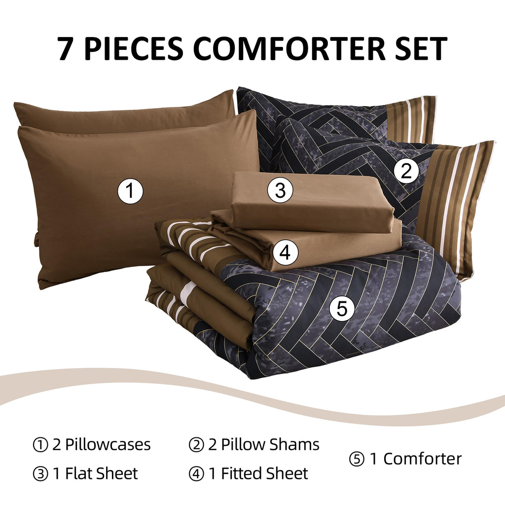 Brown Comforter Set Queen, 7 Pieces Boho Striped Bed in a Bag Set