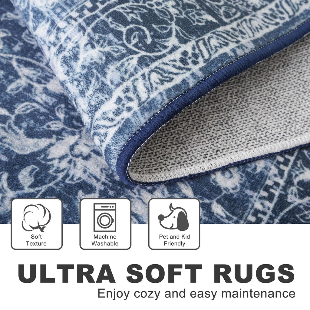 2x8 ft Runner Washable Runner Non-Slip Rug, Blue