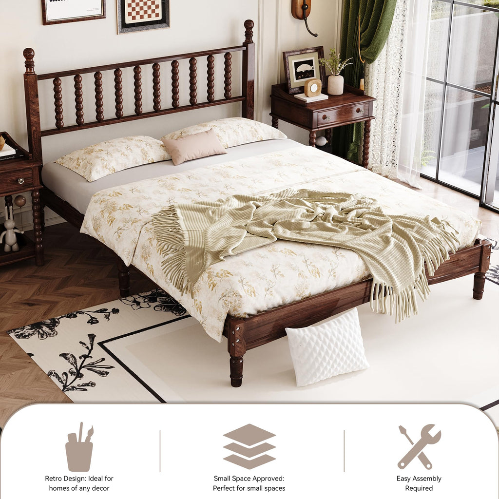 Walnut Spindle Bed Frame Queen Size with Wooden Headboard