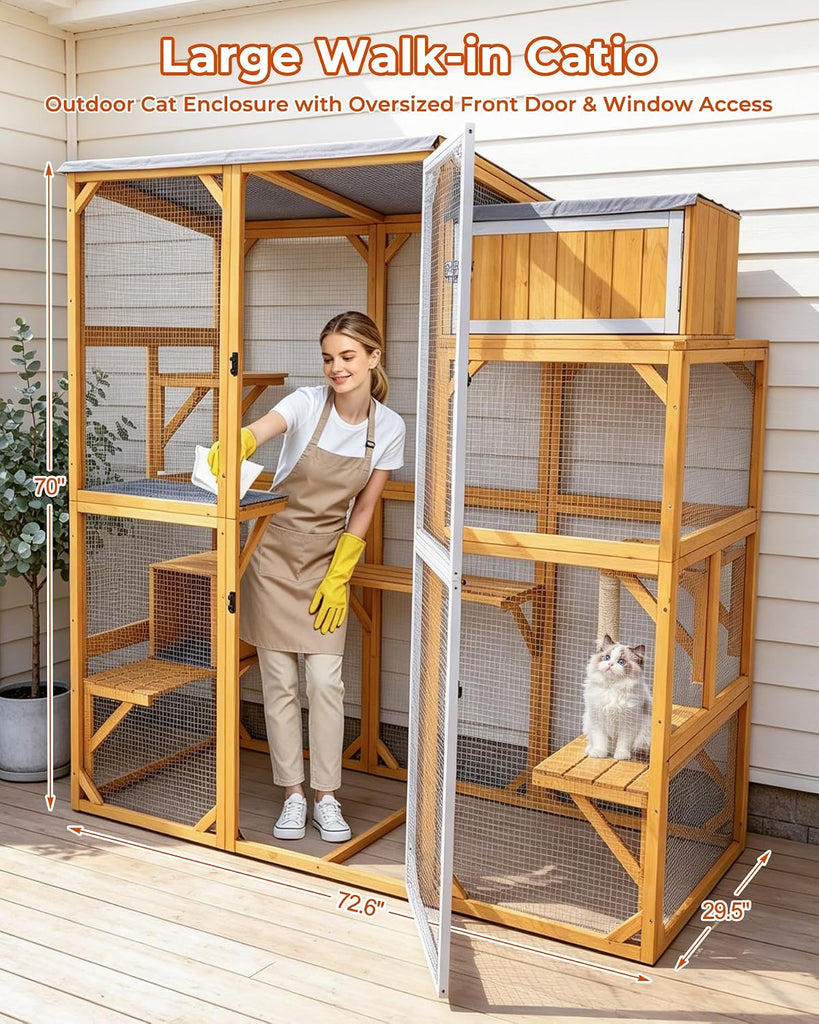 Wooden Catio Outdoor Cat Enclosure Large Walk-in Cat House with 5 Multi-Level Platforms, Scratching Post, Resting Den