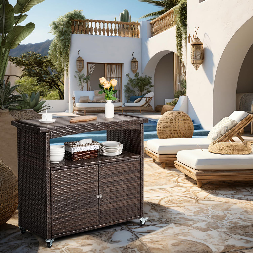 Outdoor Storage Cabinet,Outdoor Cabinet Outdoor Bar Cart with Rolling Heels Patio Bar Table with Storage Wicker