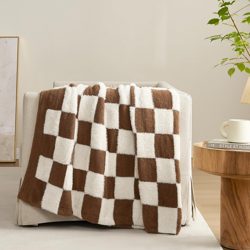 Brown Checkered Throw Blanket Faux Fur Microfiber Blankets for Couch, Cozy Soft Warm Blanket for Sofa Bedroom Living