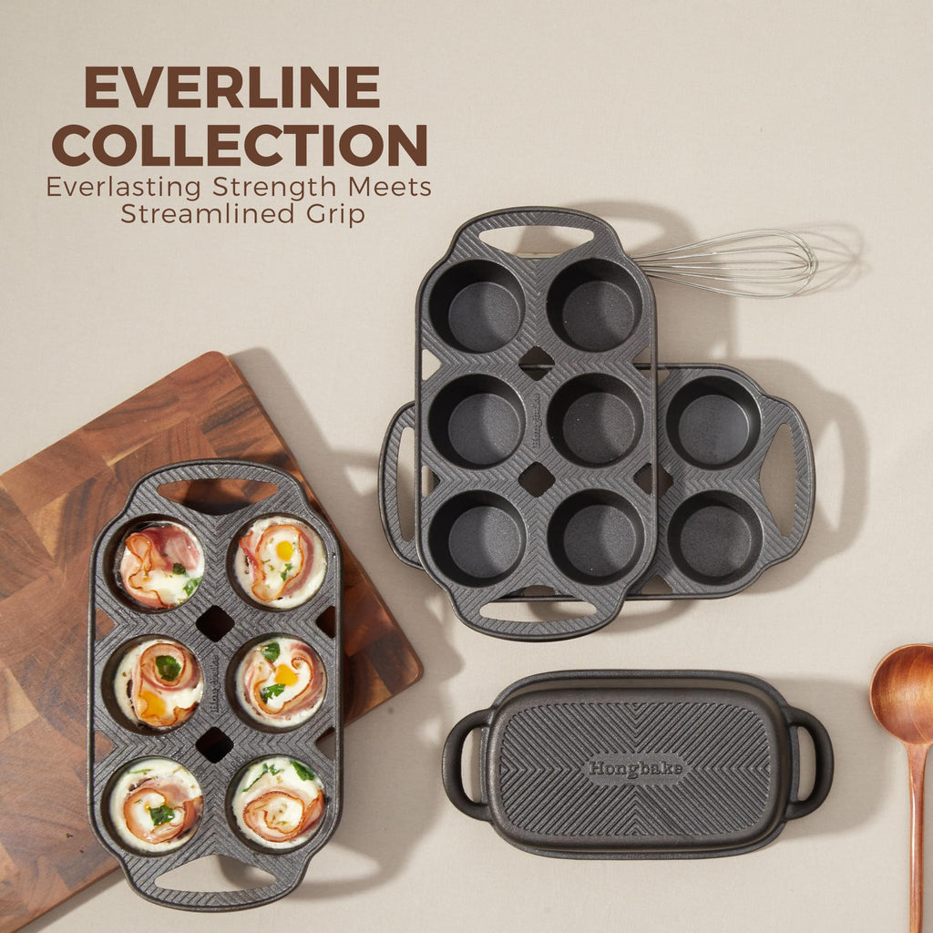 Everline Collection Cast Iron Muffin Pans, Non toxic Uncoated 6-Cup Muffin Tins, Non-Stick Pre-Seasoned Cupcake Tray
