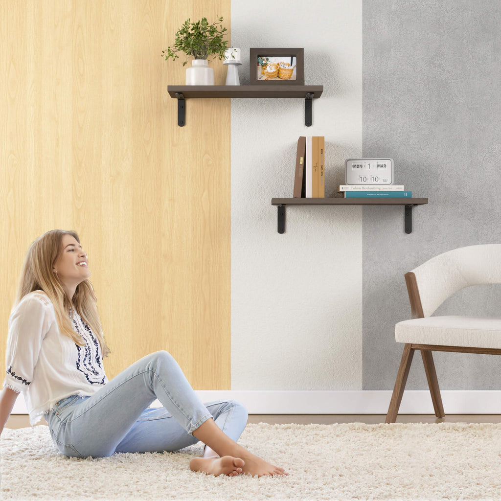 Wood Floating Shelves, 2-Set Wall Mounted Shelves, 16In