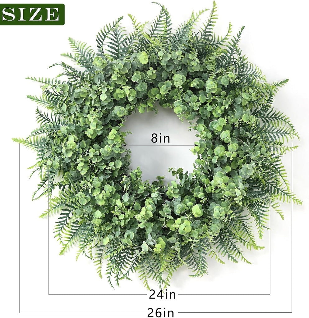 26" Artificial Eucalyptus & Boston Ferns Wreath for Front Door (Gray-Green)