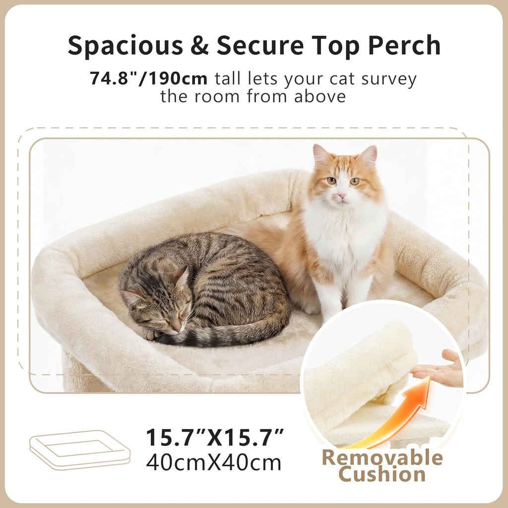 Cat Tree, 74.8'' Spacious & Tall Cat Tower for Large Cats -1