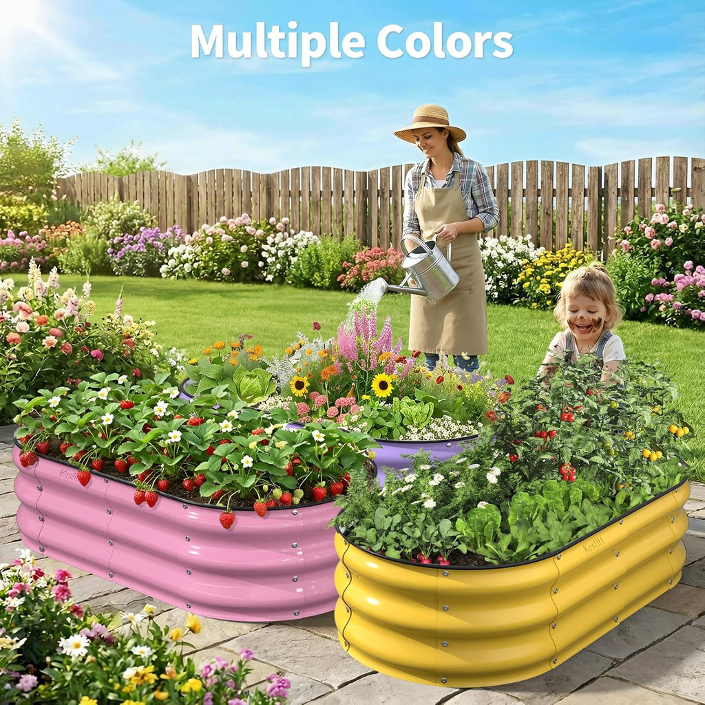 Raised Garden Bed, 4x2x1 FT Galvanized Steel Metal Raised Garden Bed, Oval Open-Bottom Design, 12-Inch Deep for