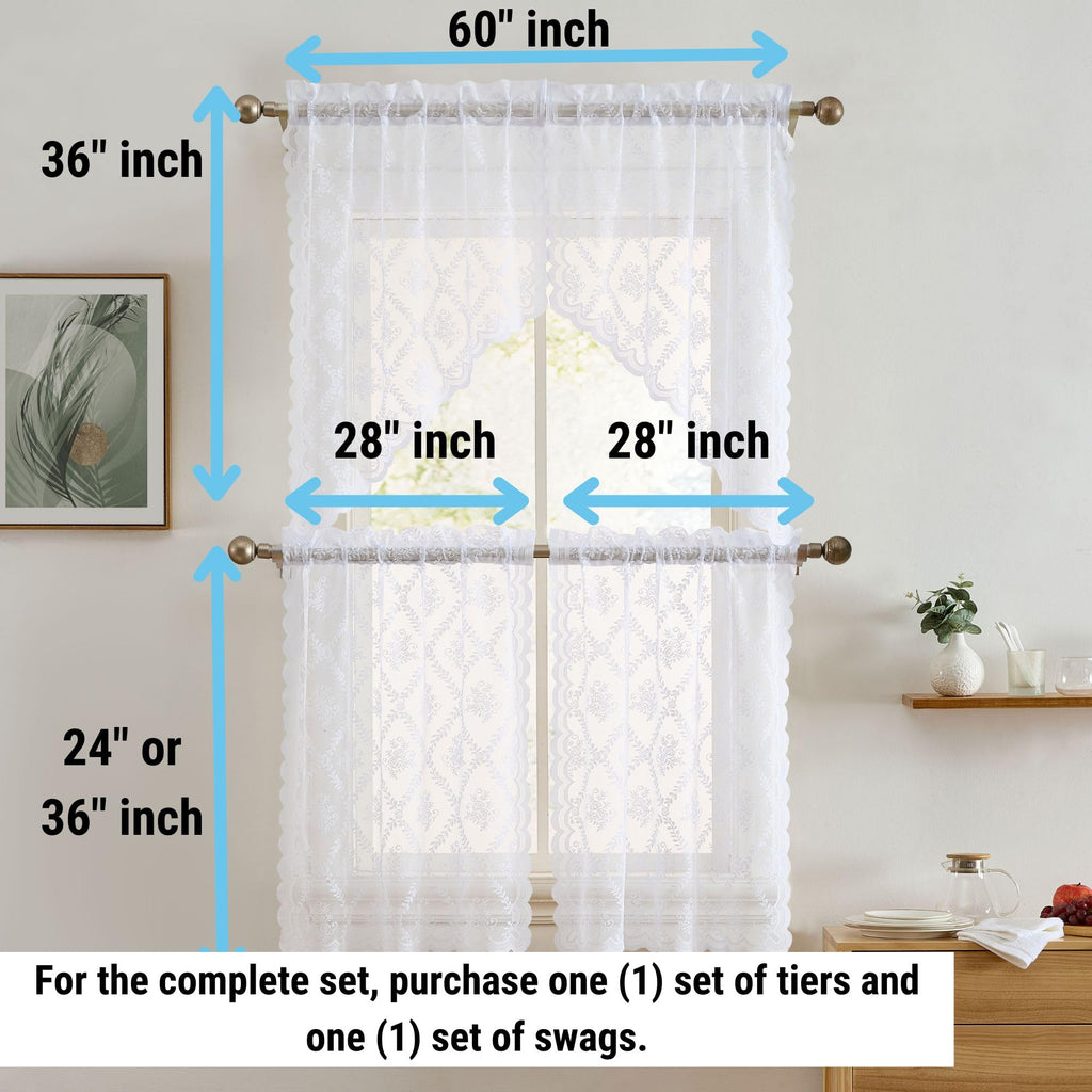 Isabella White Lace Valance Curtains, Sheer Topper, 54x18 inch