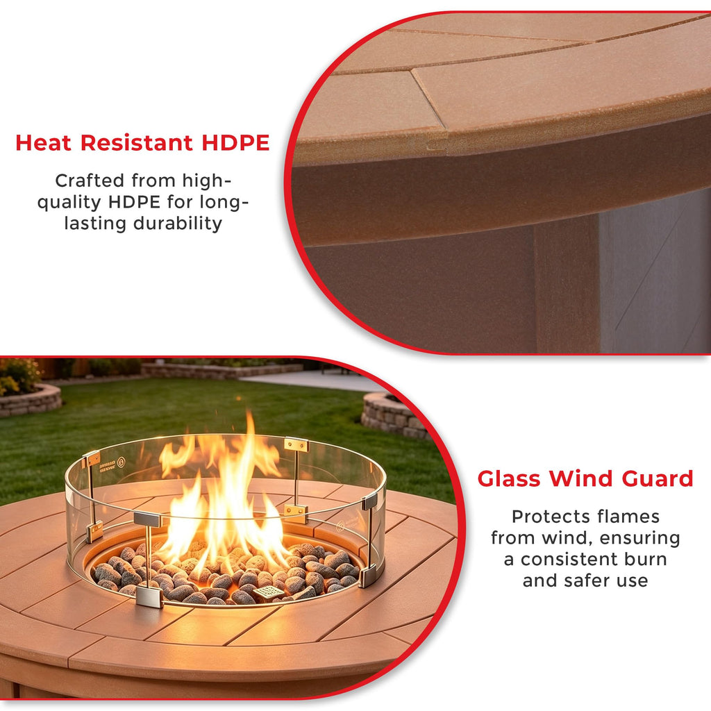 47" Modern Outdoor 55, 000 BTU Patio Backyard Round Propane Fire Pit Table (Rocks Not Included), Teak