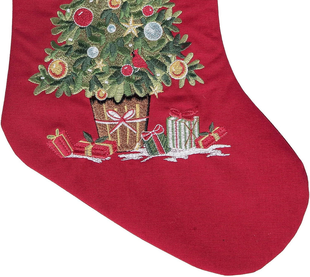 Tree & Presents Embroidered 100% Cotton Hanging Christmas Stocking 20"