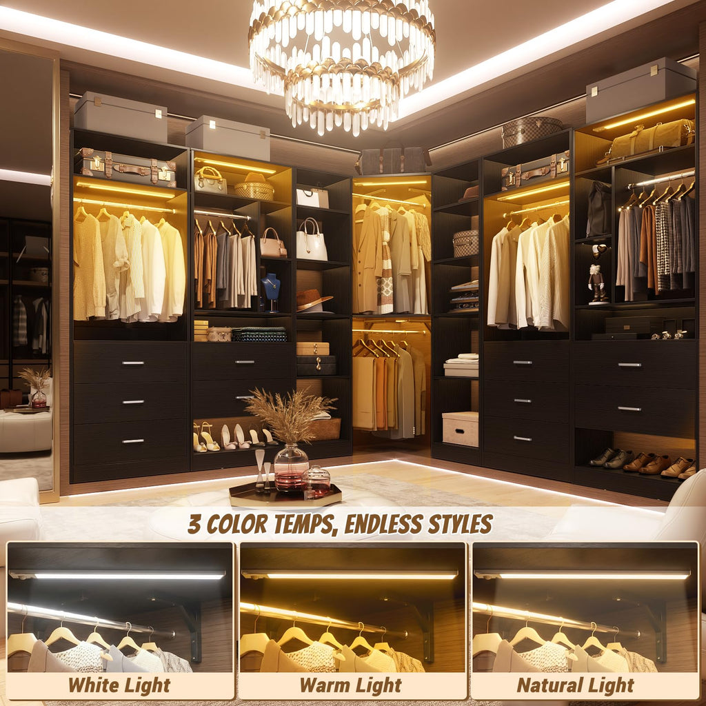 Corner Closet System with 2 Motion Sensor Lights, 39.2" Corner Closet Organizer with 12 Shelves, Closet Corner with 2