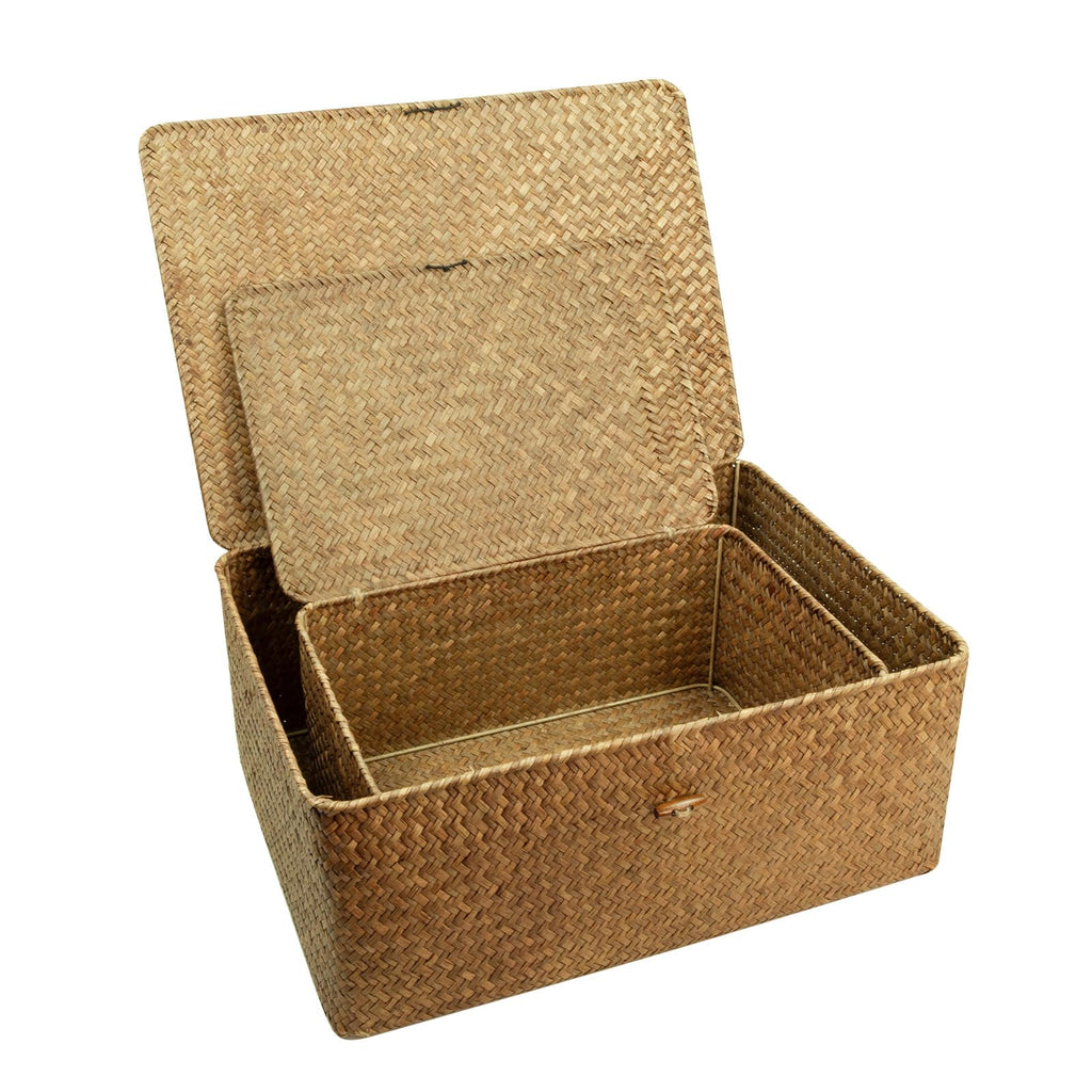 Shelf Storage Baskets with Lid, 2-Pack Wicker Storage Bakset, Woven Seagrass Decorative Boxes Storage Basket, Coffee