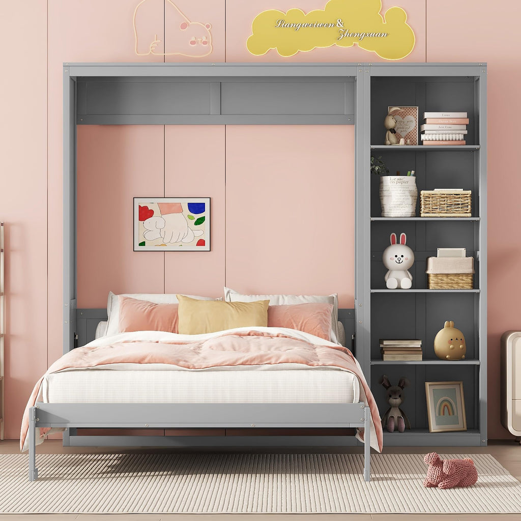 Space-Saving Gray Murphy Bed Full Size with Adjustable Storage Shelves, Multifunctional Foldable Wall Bed for Small