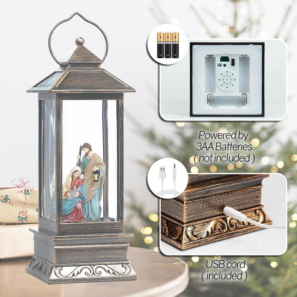 12" Christmas Snow Globe Lantern with Nativity - Water Swirling Glitter LED Light Lantern with Music - Vintage Xmas