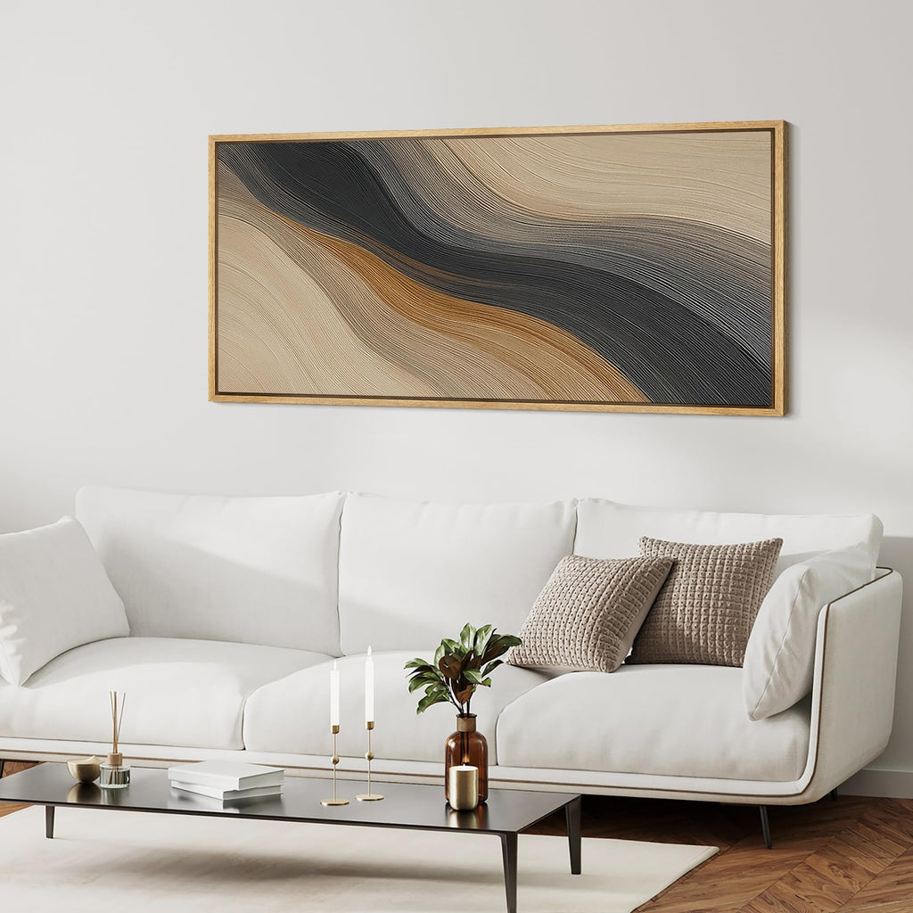 Extra Larg Framed Canvas Print Wall Art Abstract Wave Pattern Neutral Black and Brown Modern Geometric Illustrations