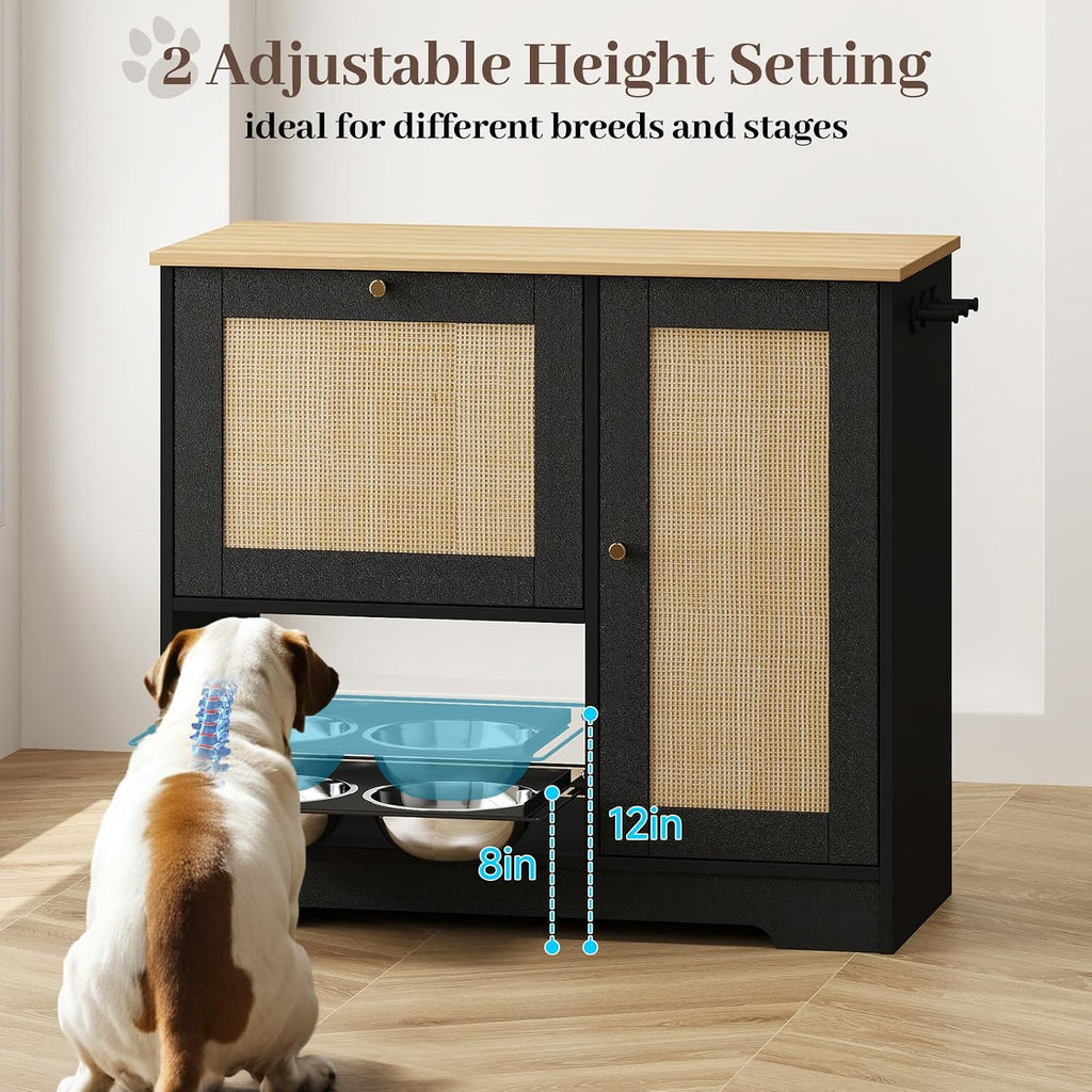 Dog Food Storage Cabinet with 2 Raised Dog Bowls and Storage