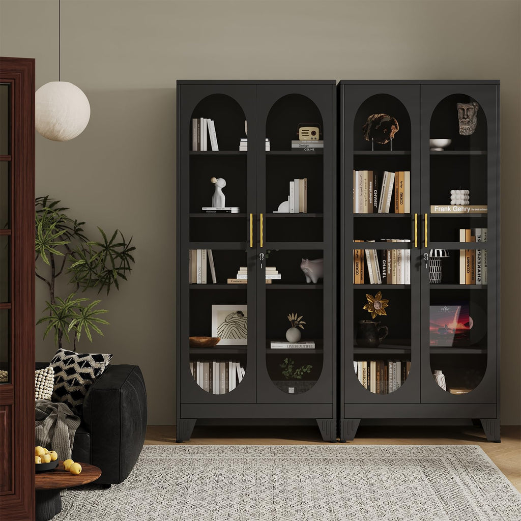 71" H Locking Display Cabinet with Glass Door, Metal Curio Cabinets with 4 Adjustable Shelves, Tall Liquor Cabinet