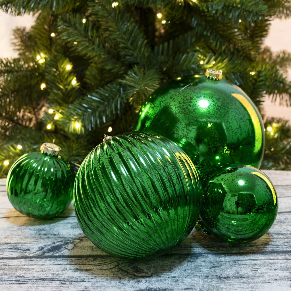 Green Christmas Ball Ornaments 6-Inch Set of 4 Large Hanging Tree Ornament Decorations Shatterproof Vintage Mercury