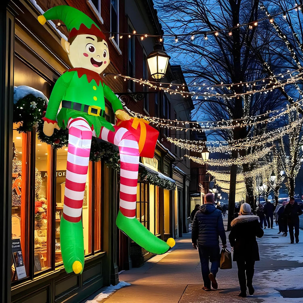 8 FT Christmas Inflatable Outdoor Decorations, Sitting Elf Holding Gift Bag Blow Up Christmas Decorations with
