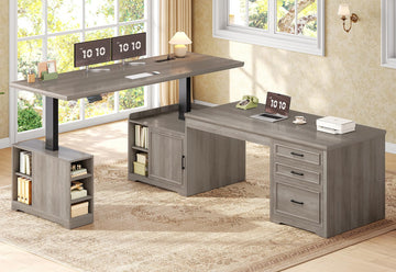 Farmhouse L Shaped Standing Desk with Storage, Grey