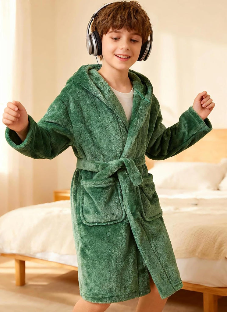 Boys Fleece Robe, Hooded Toddler Soft Fuzzy Bathrobe for Kids