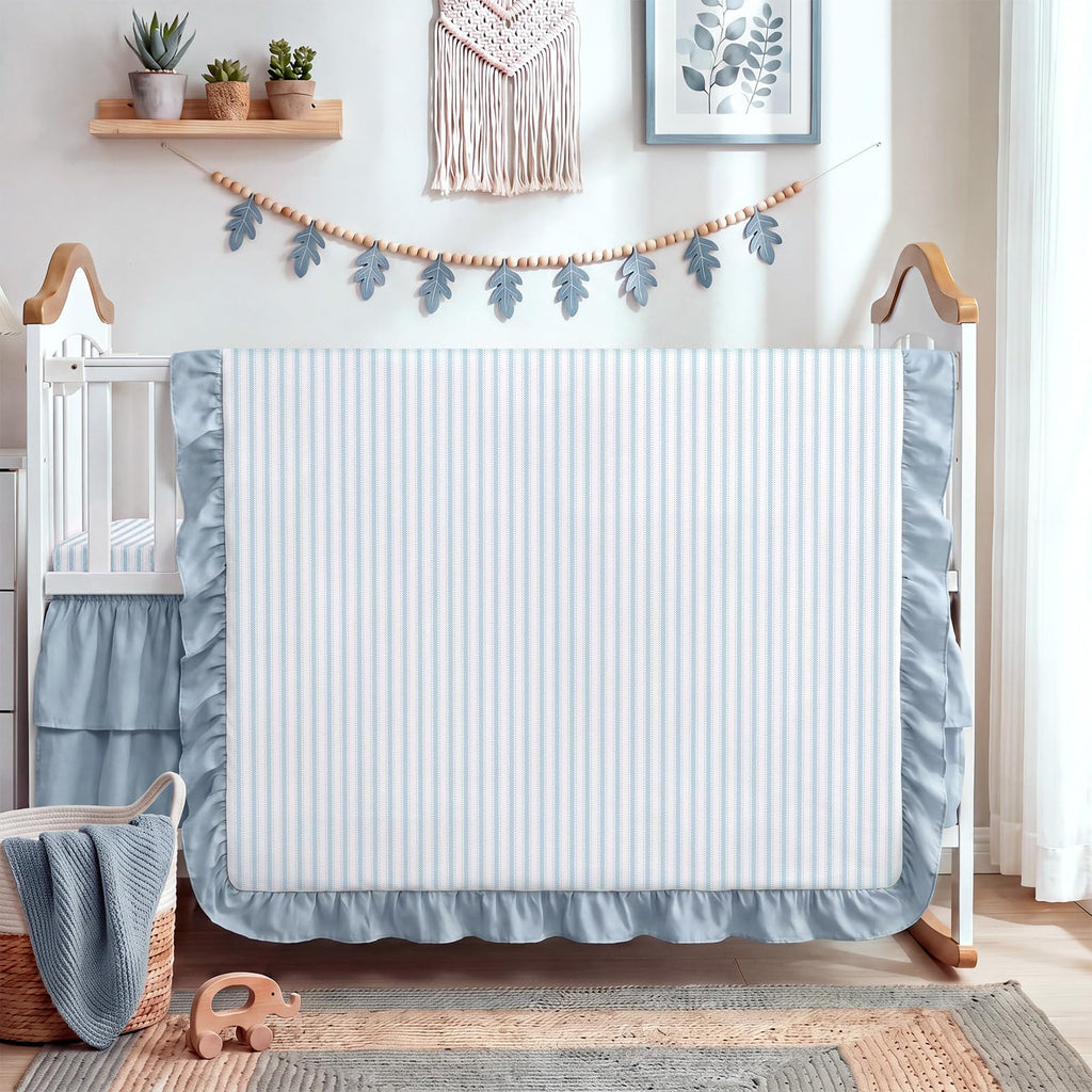 3 Piece Blue Stripe Crib Bedding Set with Sheet and Skirt