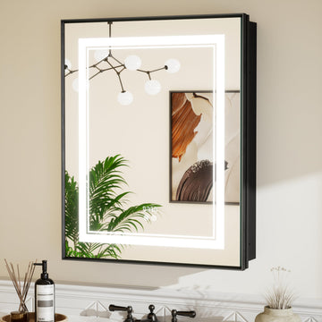24 x 30 Black Led Lighted Medicine Cabinet Mirror with 3-Color Lights, Wall Mount or Recessed Cabinet Mirror with