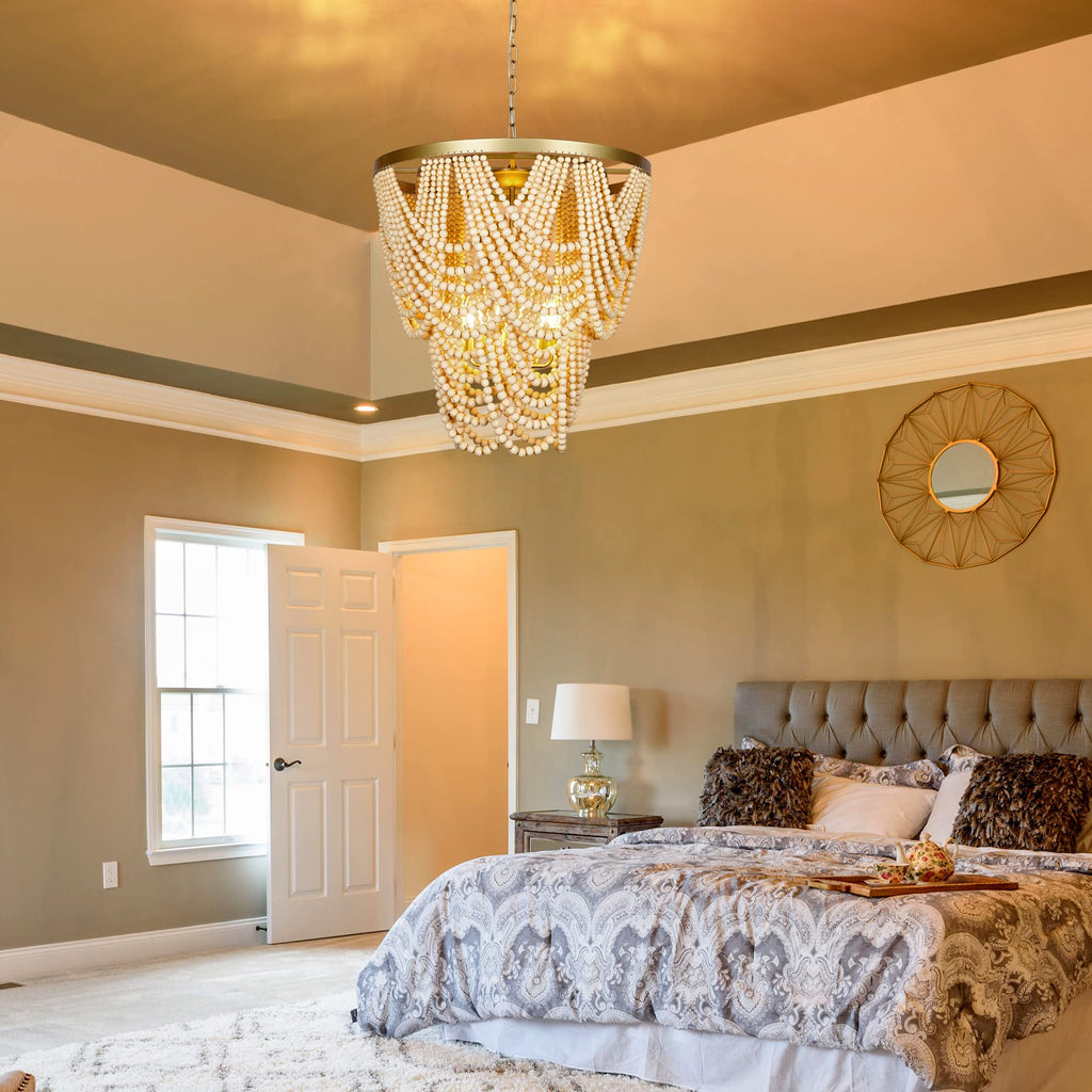6-Light Bohemia Wood Beaded Chandelier, Coastal Pendant Light, Modern Farmhouse Light Fixtures, Gold and Oak Finish