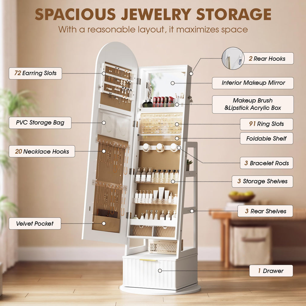 RGB Jewelry Cabinet with Full Length Mirror, 360° Swivel & Remote Control