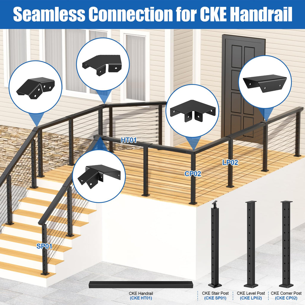 Flat Handrail Accessories, Aluminum Black Corner Connector for Handrail, 45 Degree Sleeve for Deck Cable Railing Post
