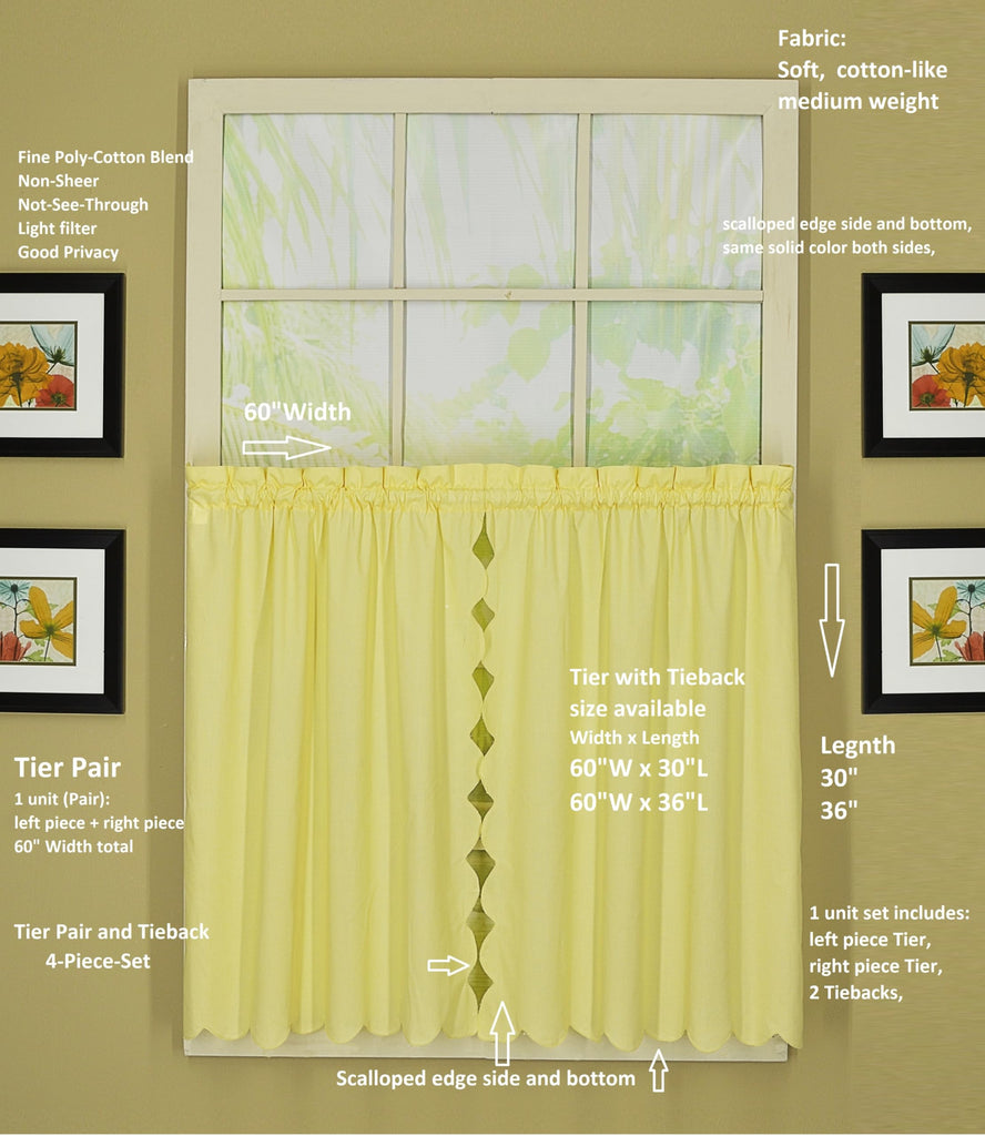 Orleans Scallop Curtain, Buttercup 30" Tier Pair and Tieback, 60" W x 30" L, Buttercup