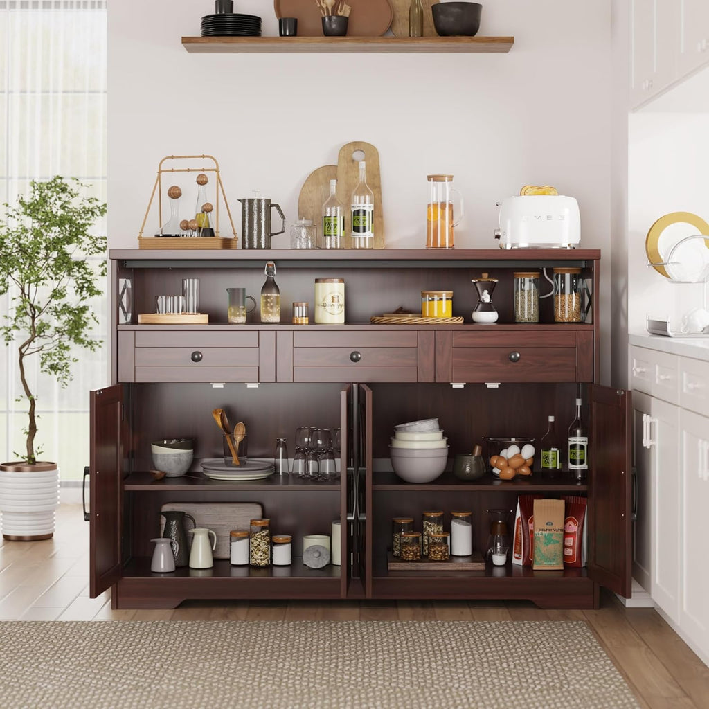51" Dark Brown Buffet Sideboard Cabinet, Farmhouse Storage Cabinet Kitchen | Pantry with Shelf and Drawers, Wood