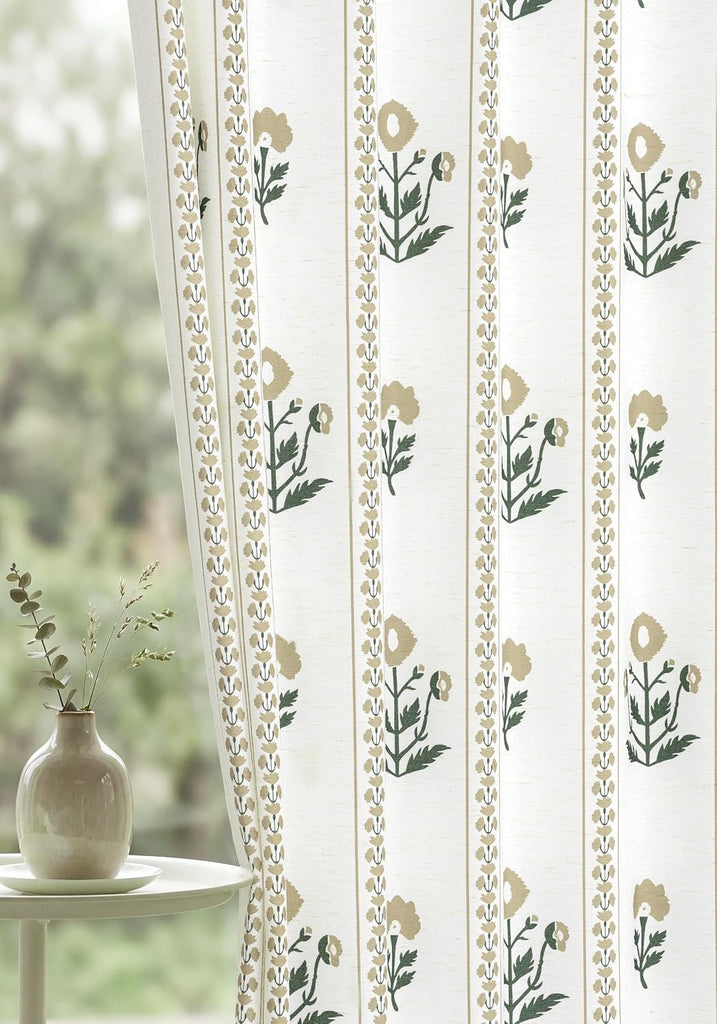 Brown Printed Pinch Pleat Curtains 84 Inch Long, Light Filtering Linen Blend Farmhouse Pleated Drapes, Semi Sheer