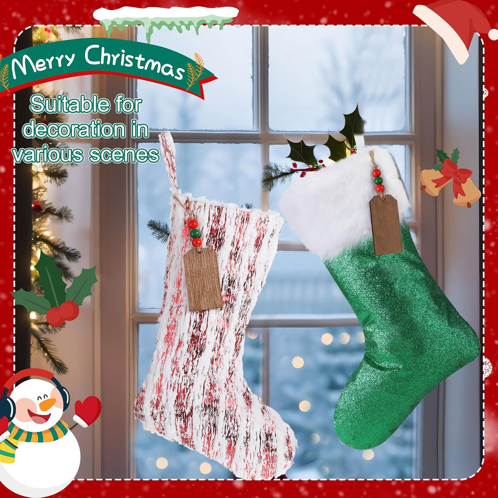 8 Pack 20in Christmas Stocking and 8Wood Hanging Tag, Red Green | Farmhouse Plush Velvet Scales Glitter Xmas