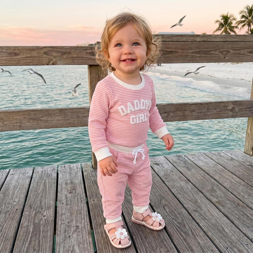 Baby Girl Fall Outfit Romper Long Sleeve Letter Embroidery Jumpsuit Bodysuit Pants Infant Waffle Clothes Set