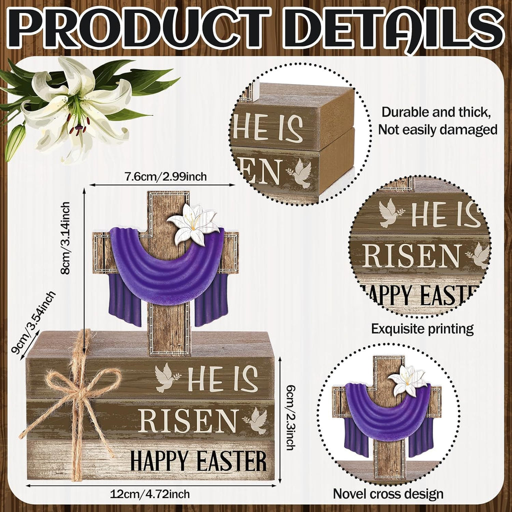 Easter Decorations He is Risen Wooden Sign Christian Table Centerpiece Religious Cross Tiered Tray Decor - Set of 4