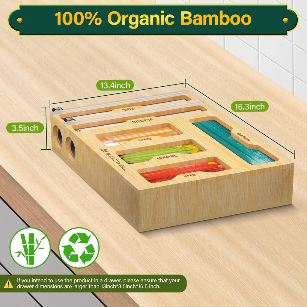 Bag Organizer and Plastic Wrap Dispenser with Cutter, 6 In 1 Bamboo Foil and Plastic Wrap Organizer Drawer, Food
