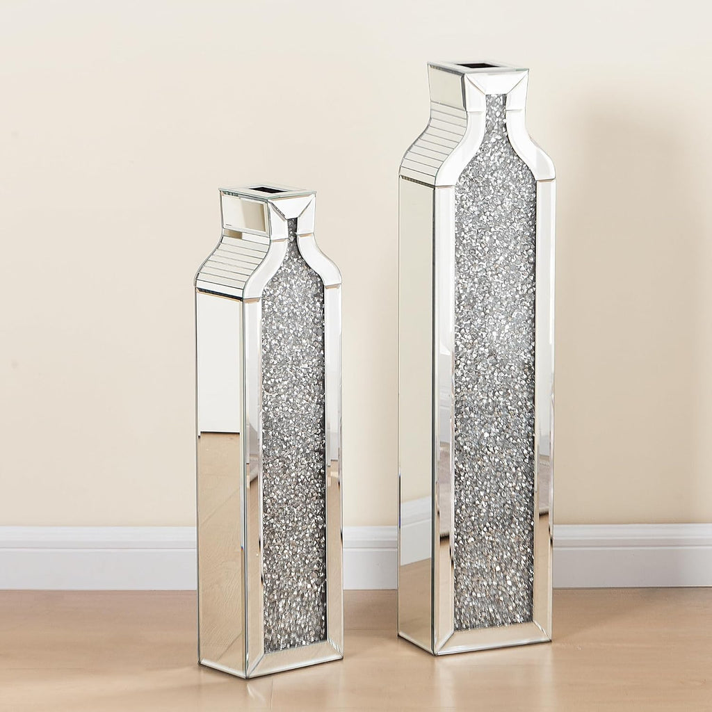 Floor Vase Crushed Diamond Mirrored Vase - Silver Floor Standing Vases Set of 2-24" & 30" Large Crystal Tall Vases