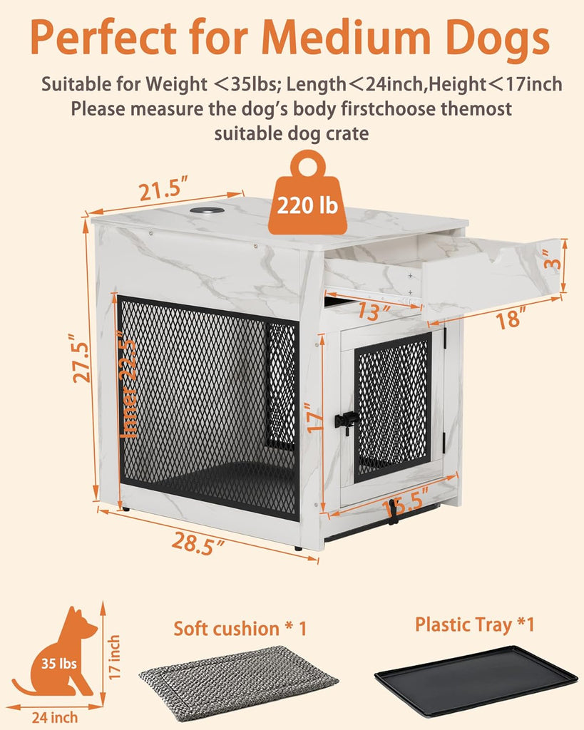 Dog Crate Furniture, Wooden Dog Crate End Table with Storage Drawer&Cushion&Tray, QC3.0 Wireless Charging, Dual