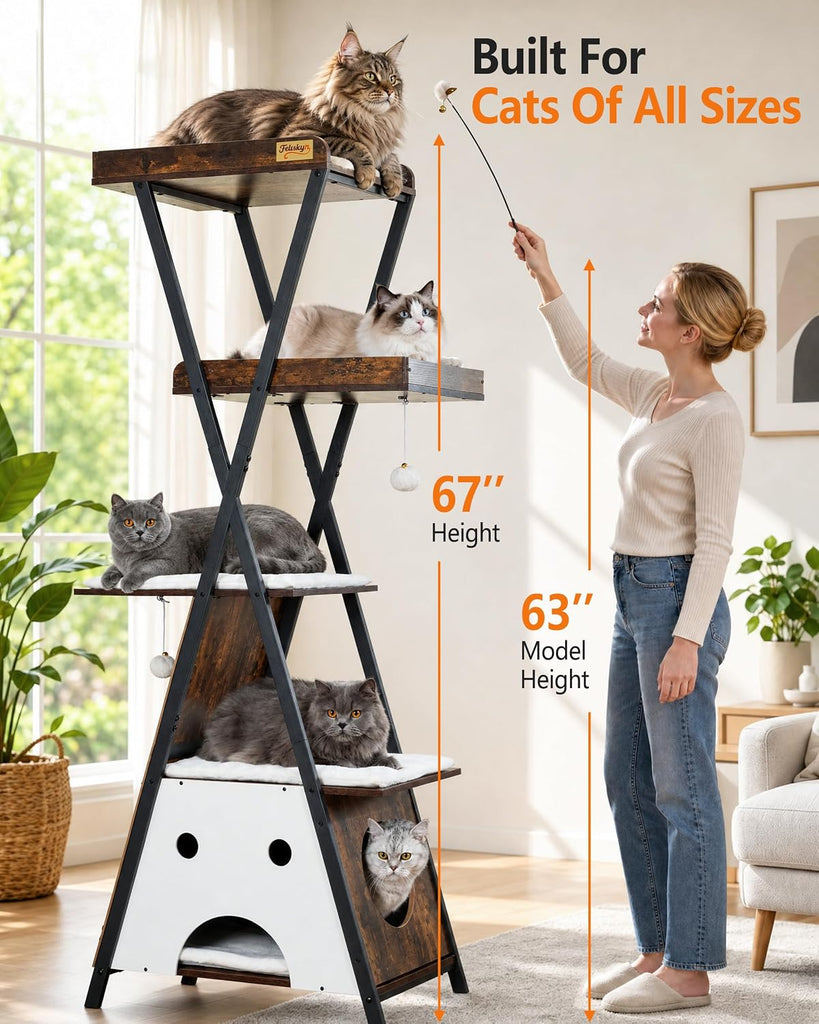 Modern Wood Cat Tree Tower for Indoor Cats Large Adult 67-in Tall