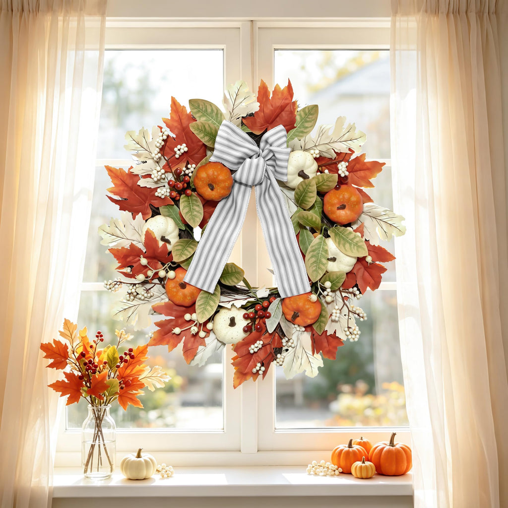 24 Inch Fall Wreaths for Front Door, Home Decor Farmhouse Off White