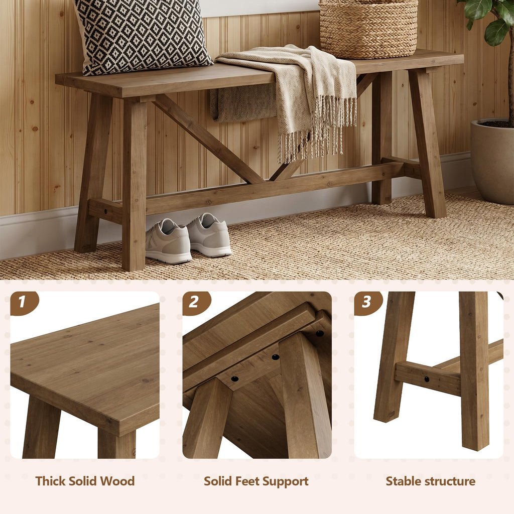 43" Farmhouse Solid Wood Bench, Narrow Long Seat, Natural