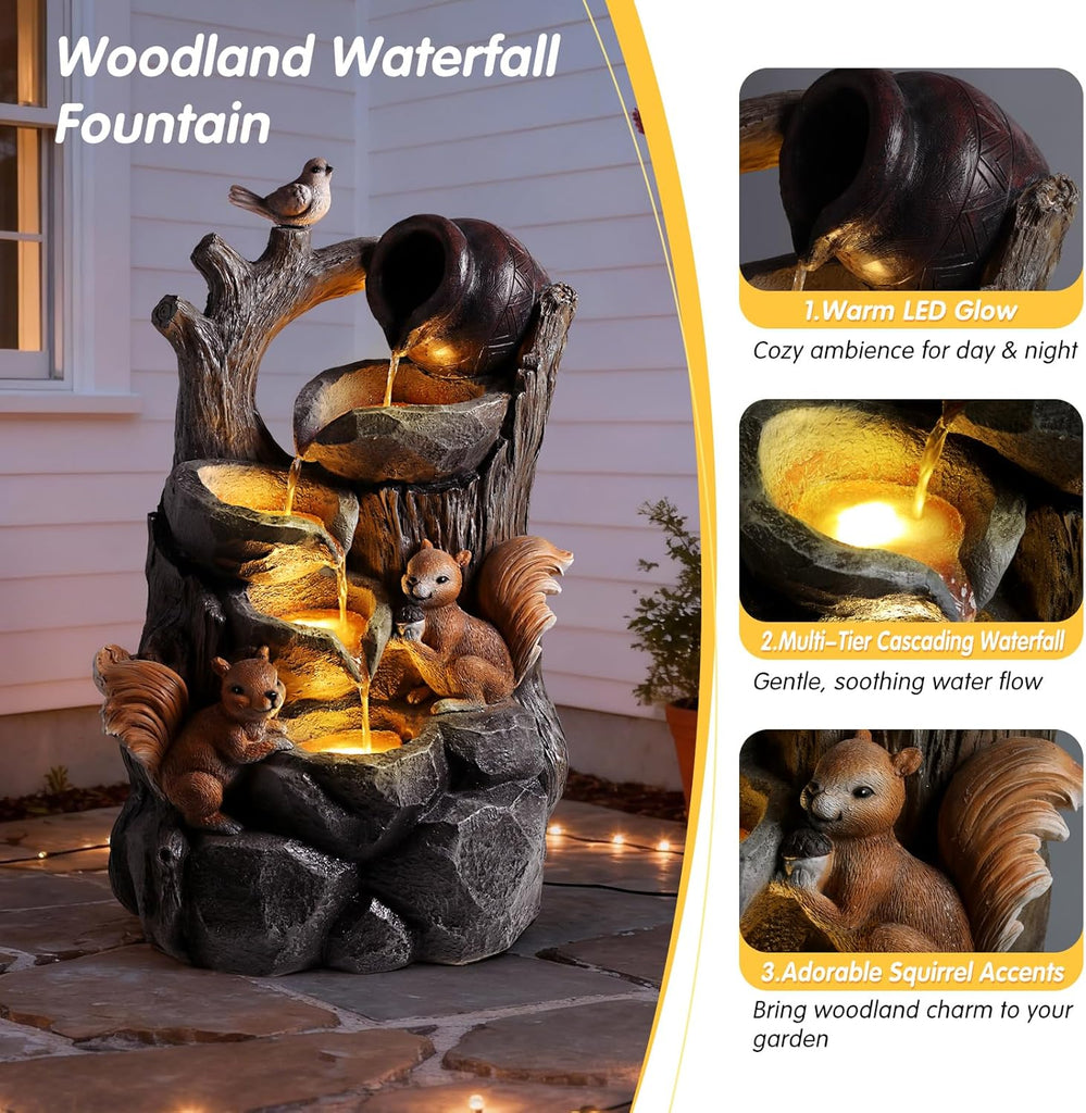 Outdoor Water Fountain with LED Lights, 30.1" Squirrel & Tree Stump Cascading Water Feature