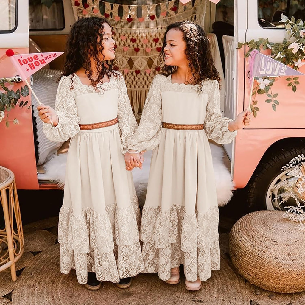 Girls Fall Boho Flower Long Sleeve Party Maxi Dress