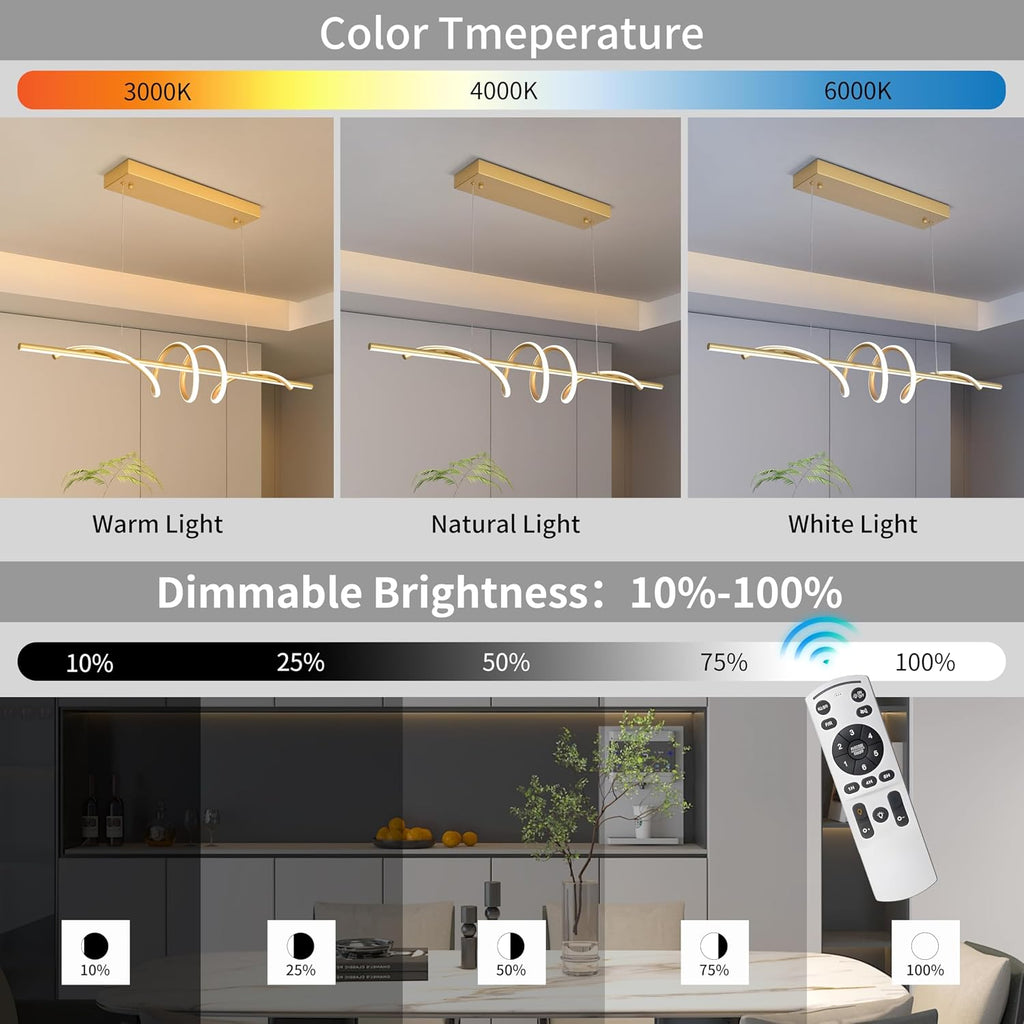 Modern LED Pendant Light, 39.37in Gold Chandelier Dimmable,3000K-6000K Adjustable Color Temperature, Aluminum Modern