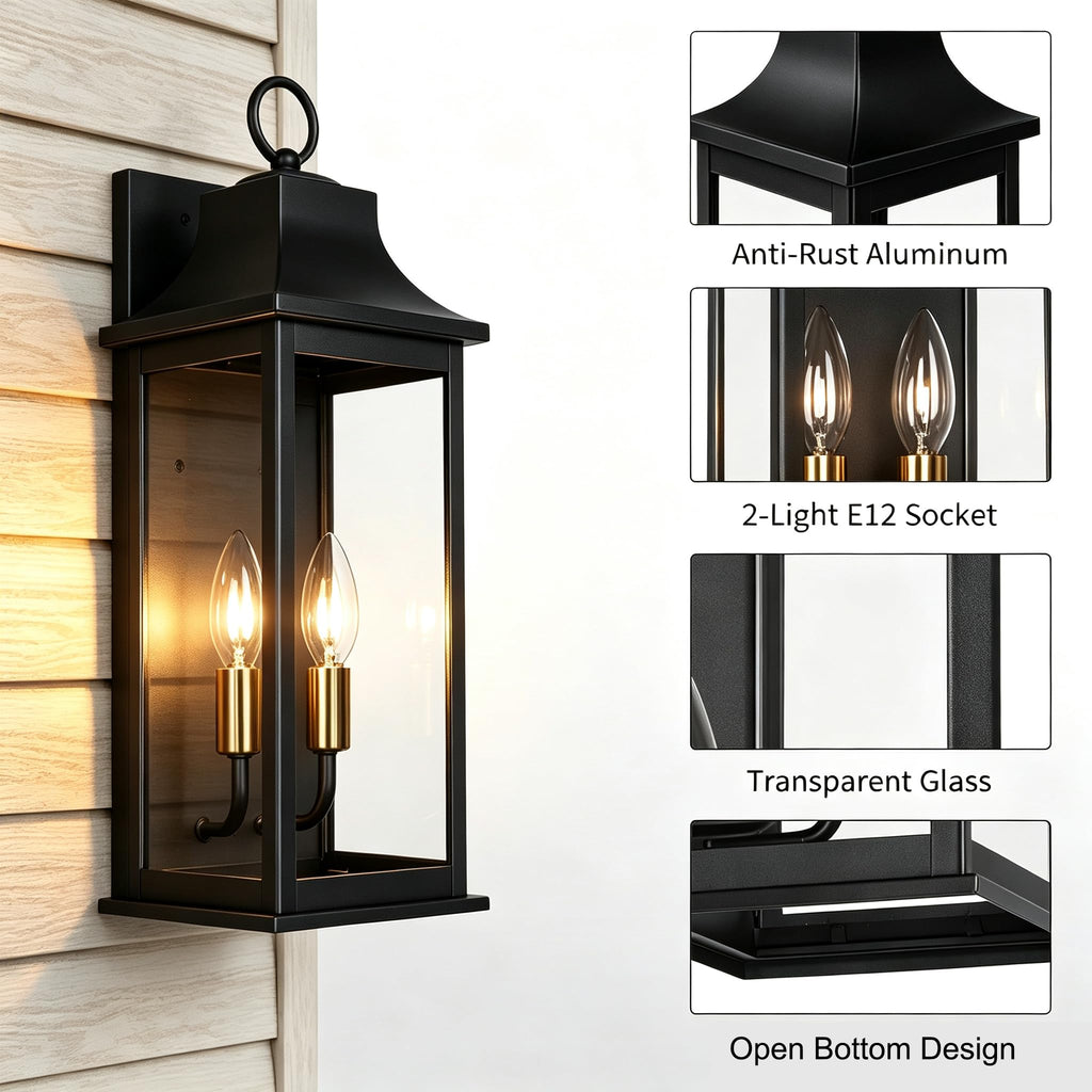 18"Outdoor Porch Light Wall Mount, Anti-Rust Aluminum & Clear Glass Wall Lamp, Outside Wall Lantern with E12 Socket
