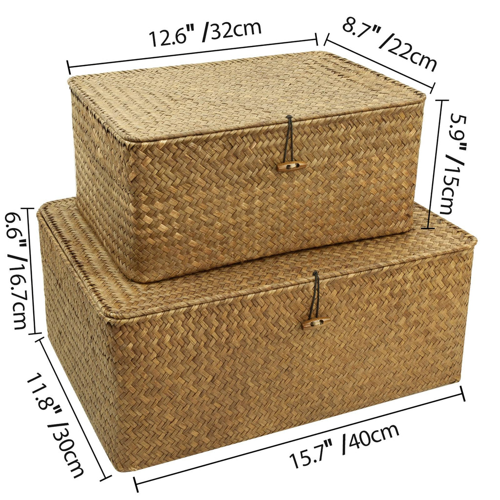 Shelf Storage Baskets with Lid, 2-Pack Wicker Storage Bakset, Woven Seagrass Decorative Boxes Storage Basket, Coffee